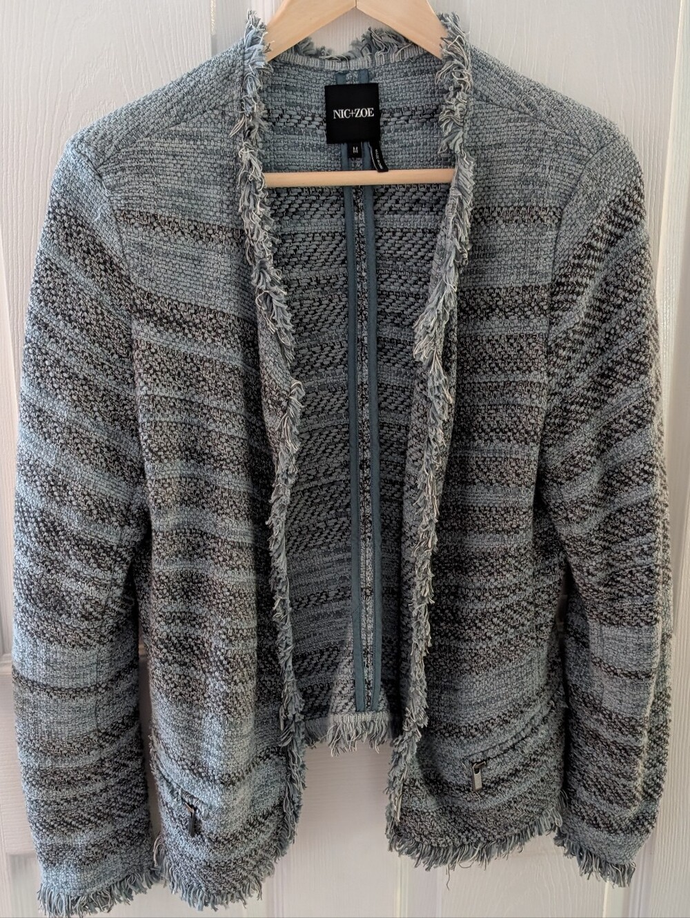 NIC+ZOE Gray Blue Striped Fringe Knit Open Cardigan - “The New Jacket of 2026”